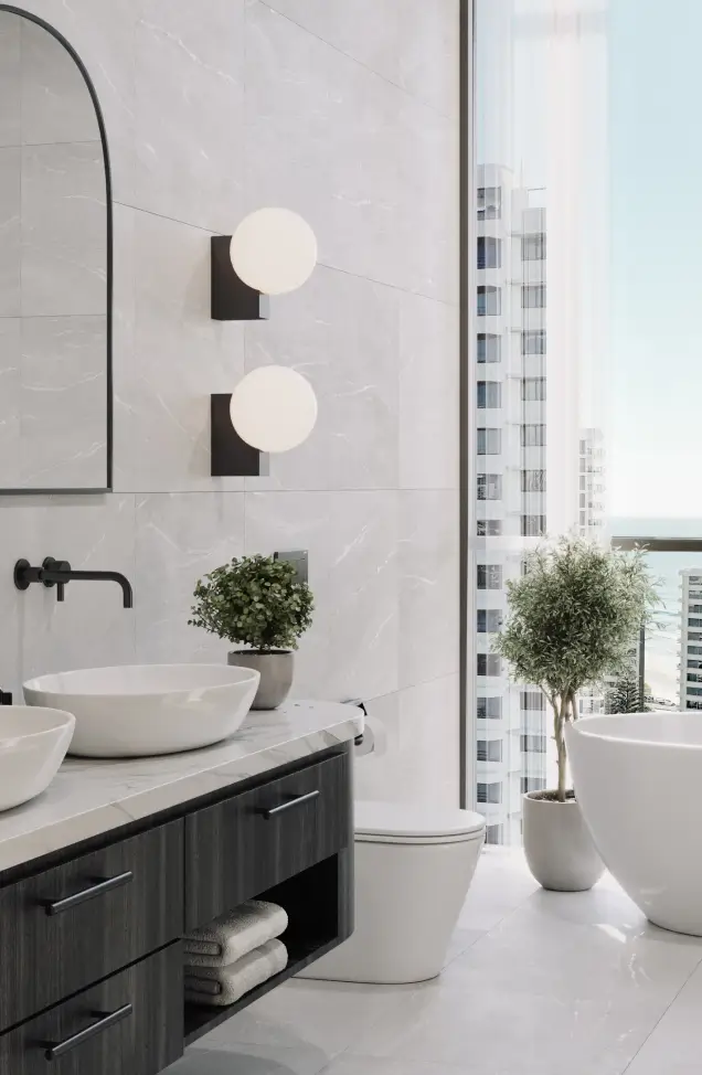 A contemporary bathroom with a sophisticated design, including double sinks, a freestanding bathtub, and floor-to-ceiling windows with a view of the city.